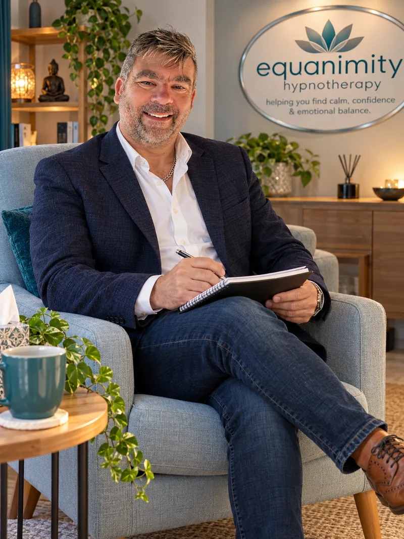 Ian Charlesworth seated in a therapy room with his notebook